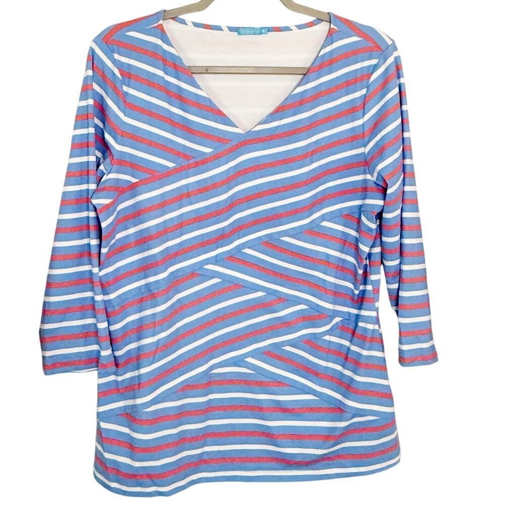 J. McLaughlin Nicola Layered Top Criss-Cross Striped 3/4 Sleeves Blue Size XL